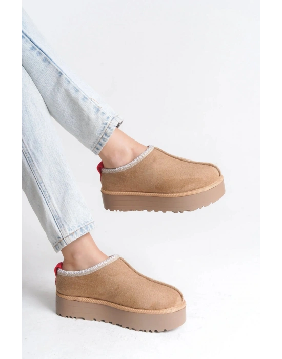 Kadın İçi Tüylü Süet Yarım Bot Rahat Ev Terliği Kalın Taban