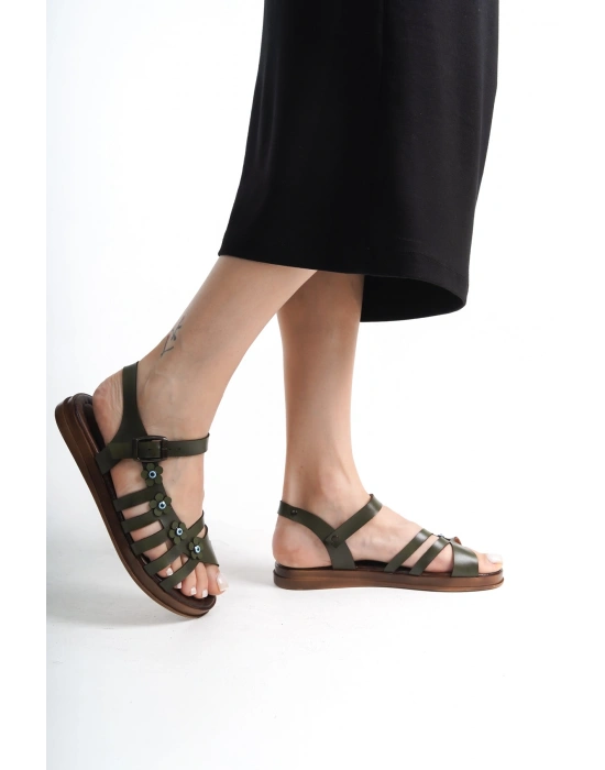 Janet Deri Detaylı Kafesli Bodrum Sandalet