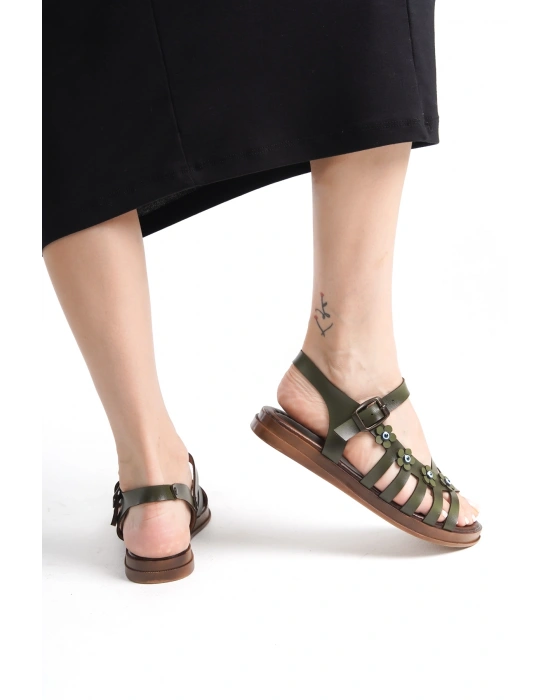 Janet Deri Detaylı Kafesli Bodrum Sandalet