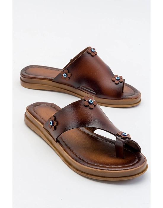 Angela Parmak Arası Çiçek Figürlü Deri Terlik