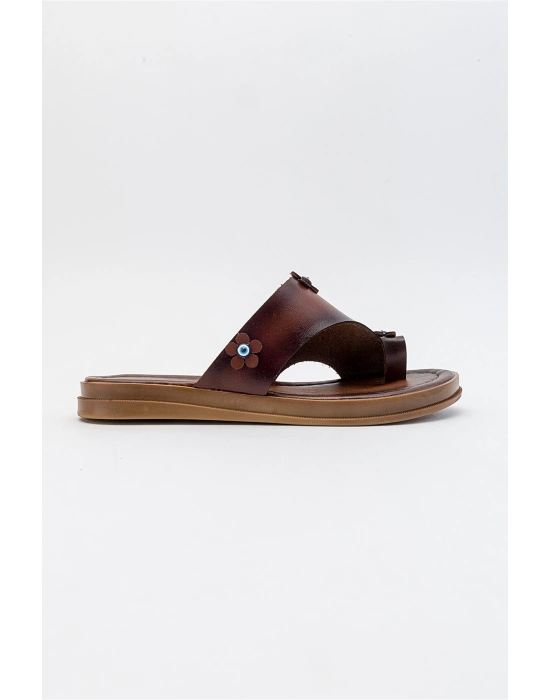 Angela Parmak Arası Çiçek Figürlü Deri Terlik