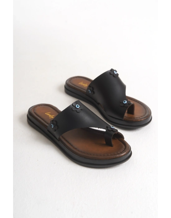 Angela Parmak Arası Çiçek Figürlü Deri Terlik