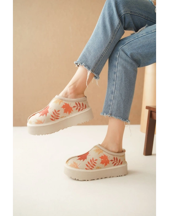 Ev Terliği Botu İçi Tüylü Su Geçirmez Rahat Kalın Taban Yaprak Desenli