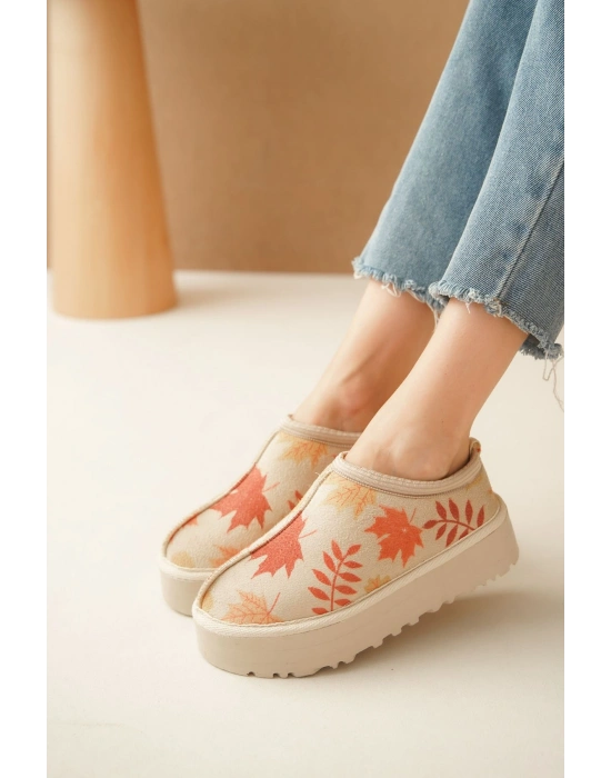 Ev Terliği Botu İçi Tüylü Su Geçirmez Rahat Kalın Taban Yaprak Desenli