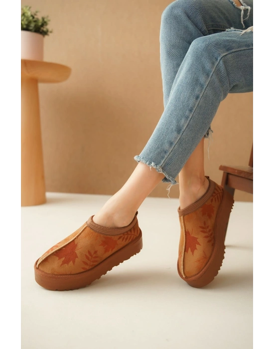 Ev Terliği Botu İçi Tüylü Su Geçirmez Rahat Kalın Taban Yaprak Desenli