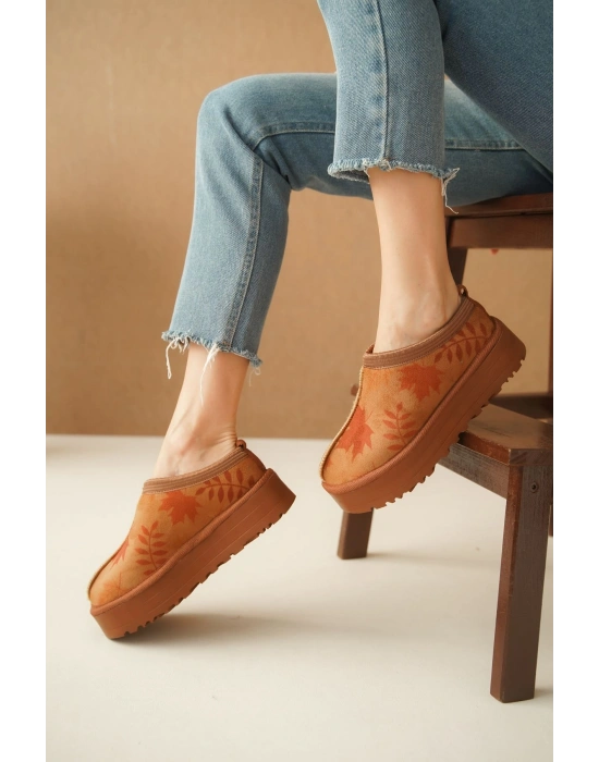 Ev Terliği Botu İçi Tüylü Su Geçirmez Rahat Kalın Taban Yaprak Desenli