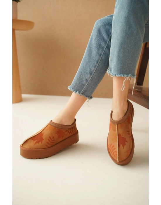 Ev Terliği Botu İçi Tüylü Su Geçirmez Rahat Kalın Taban Yaprak Desenli