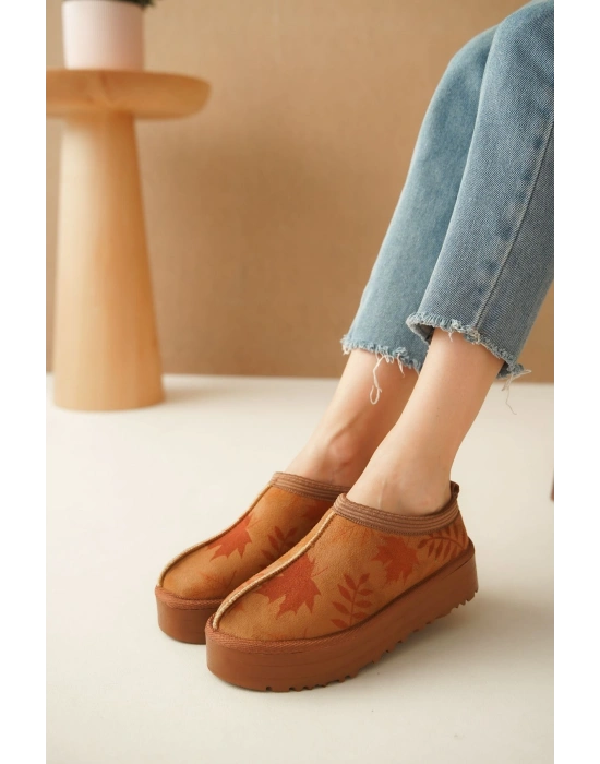 Ev Terliği Botu İçi Tüylü Su Geçirmez Rahat Kalın Taban Yaprak Desenli