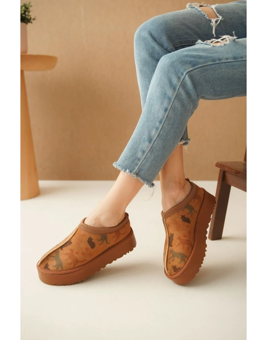 Ev Terliği Botu İçi Tüylü Su Geçirmez Rahat Kalın Taban Kedi Desenli