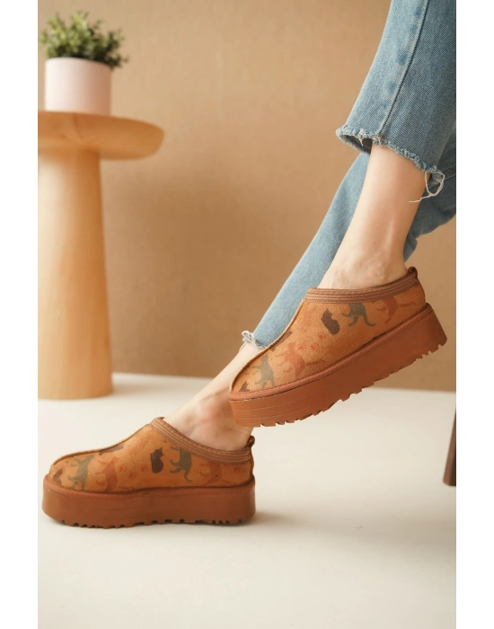 Ev Terliği Botu İçi Tüylü Su Geçirmez Rahat Kalın Taban Kedi Desenli