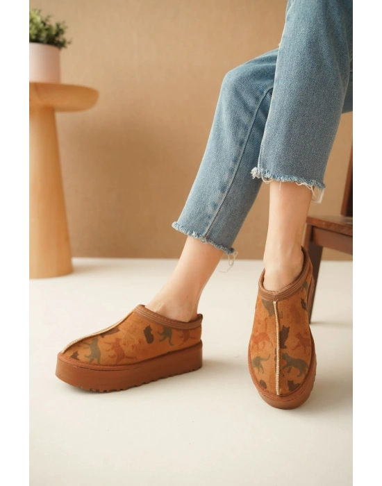 Ev Terliği Botu İçi Tüylü Su Geçirmez Rahat Kalın Taban Kedi Desenli