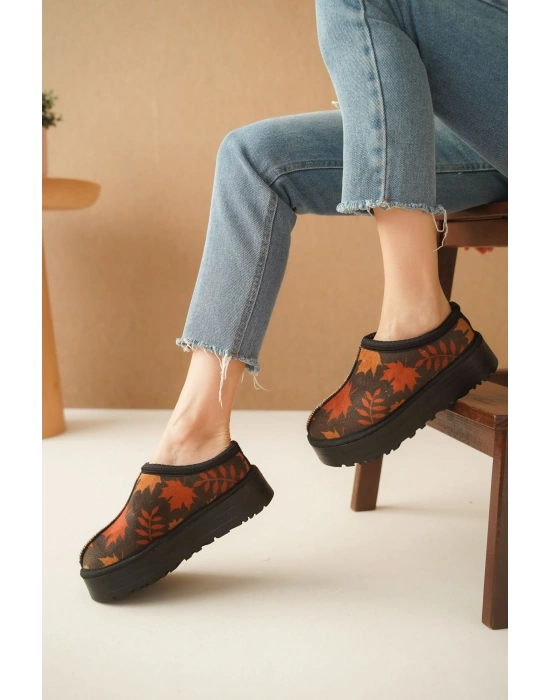 Ev Terliği Botu İçi Tüylü Su Geçirmez Rahat Kalın Taban Yaprak Desenli