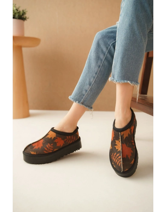 Ev Terliği Botu İçi Tüylü Su Geçirmez Rahat Kalın Taban Yaprak Desenli