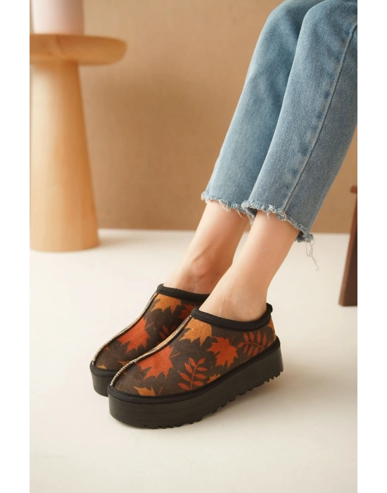 Ev Terliği Botu İçi Tüylü Su Geçirmez Rahat Kalın Taban Yaprak Desenli