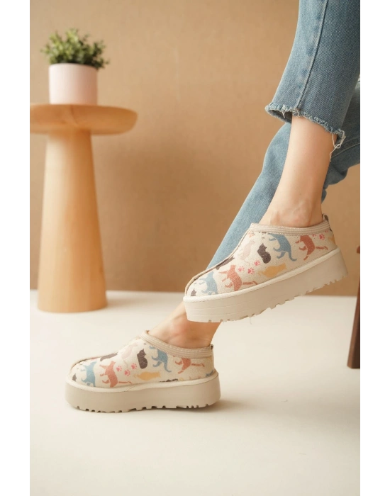 Ev Terliği Botu İçi Tüylü Su Geçirmez Rahat Kalın Taban Kedi Desenli