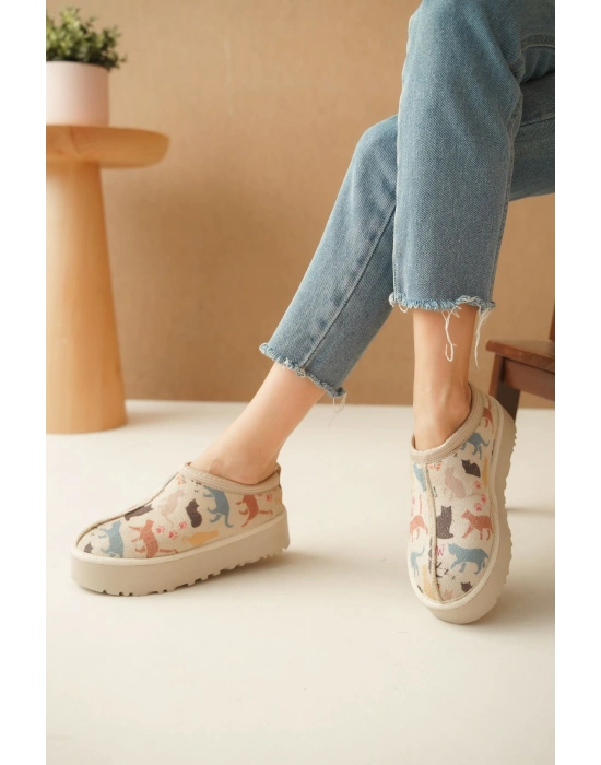 Ev Terliği Botu İçi Tüylü Su Geçirmez Rahat Kalın Taban Kedi Desenli