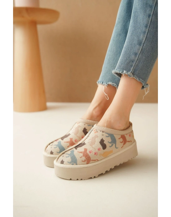 Ev Terliği Botu İçi Tüylü Su Geçirmez Rahat Kalın Taban Kedi Desenli