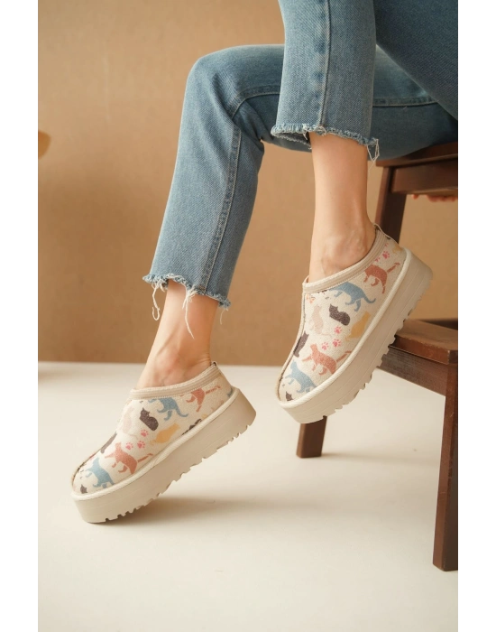 Ev Terliği Botu İçi Tüylü Su Geçirmez Rahat Kalın Taban Kedi Desenli