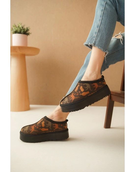 Ev Terliği Botu İçi Tüylü Su Geçirmez Rahat Kalın Taban Kedi Desenli