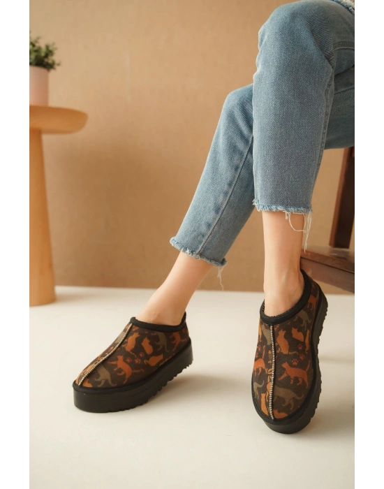 Ev Terliği Botu İçi Tüylü Su Geçirmez Rahat Kalın Taban Kedi Desenli