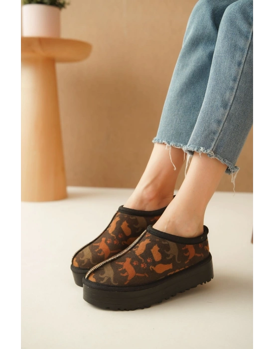 Ev Terliği Botu İçi Tüylü Su Geçirmez Rahat Kalın Taban Kedi Desenli