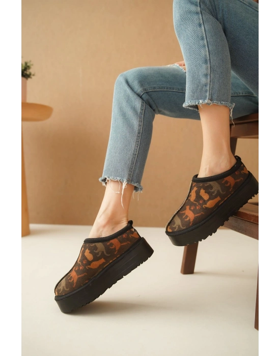 Ev Terliği Botu İçi Tüylü Su Geçirmez Rahat Kalın Taban Kedi Desenli