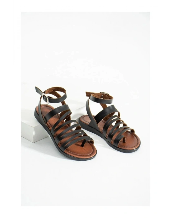 Luiza Hakiki Deri Bilekten Bağlamalı Rahat Bodrum Sandalet