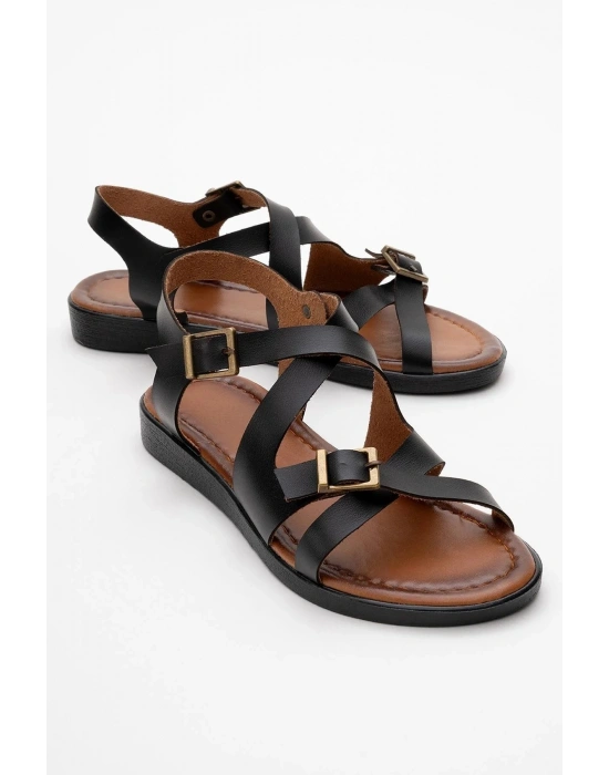 Lira Hakiki Deri Çift Tokalı Ayarlanabilir Çapraz Rahat Sandalet