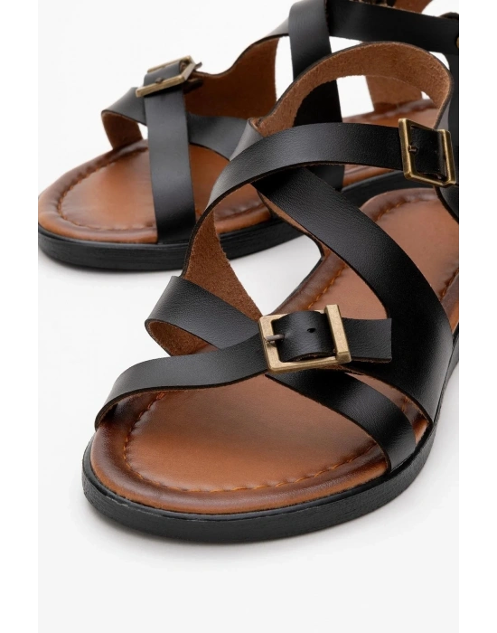 Lira Hakiki Deri Çift Tokalı Ayarlanabilir Çapraz Rahat Sandalet