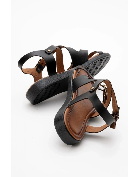 Lira Hakiki Deri Çift Tokalı Ayarlanabilir Çapraz Rahat Sandalet