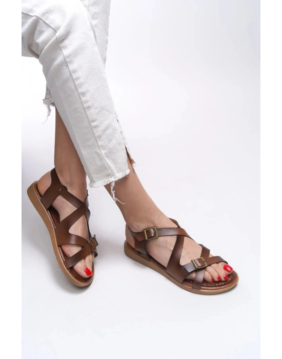 Lira Hakiki Deri Çift Tokalı Ayarlanabilir Çapraz Rahat Sandalet