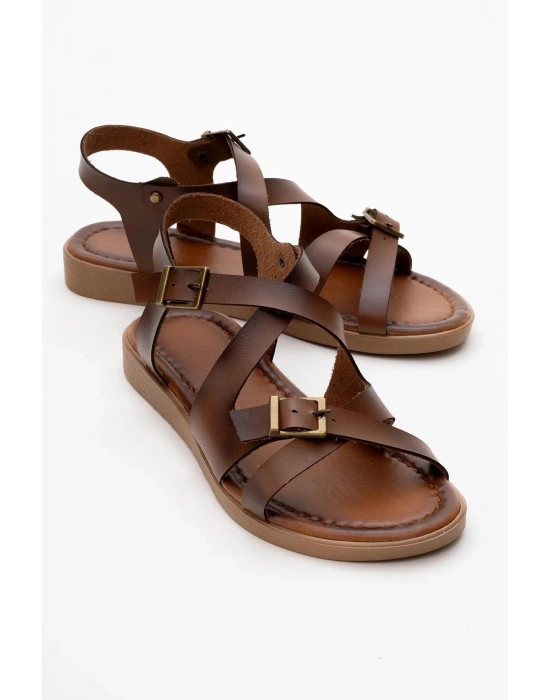 Lira Hakiki Deri Çift Tokalı Ayarlanabilir Çapraz Rahat Sandalet