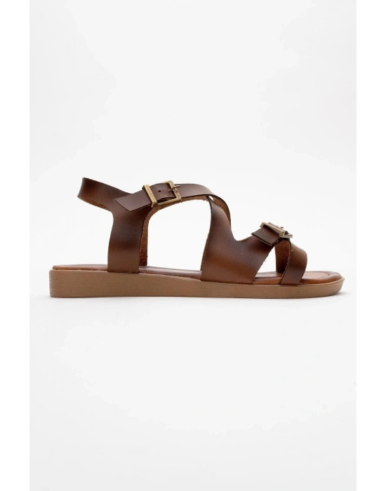 Lira Hakiki Deri Çift Tokalı Ayarlanabilir Çapraz Rahat Sandalet