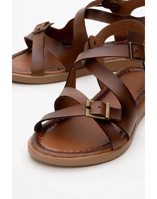 Lira Hakiki Deri Çift Tokalı Ayarlanabilir Çapraz Rahat Sandalet