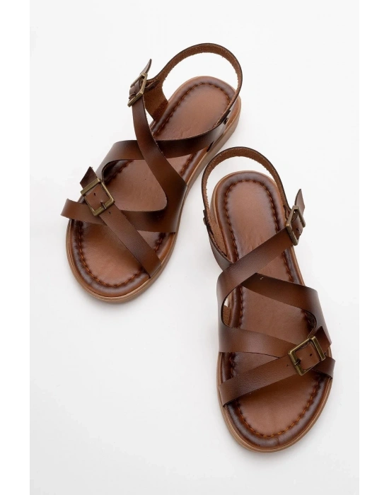 Lira Hakiki Deri Çift Tokalı Ayarlanabilir Çapraz Rahat Sandalet