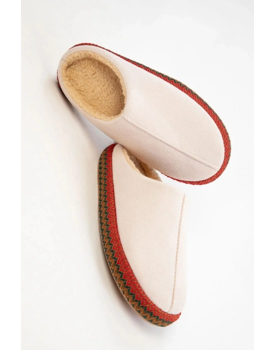 Kadın İçi Kürklü Hasır Şerit Detaylı Rahat Sessiz Ev Terliği