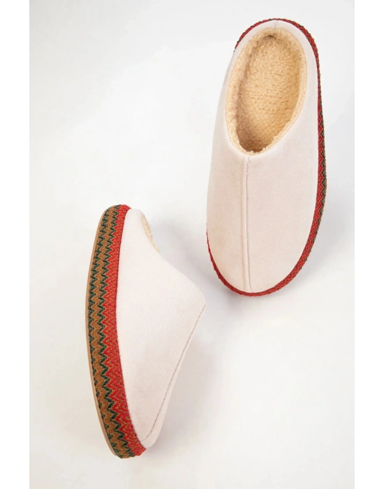 Kadın İçi Kürklü Hasır Şerit Detaylı Rahat Sessiz Ev Terliği