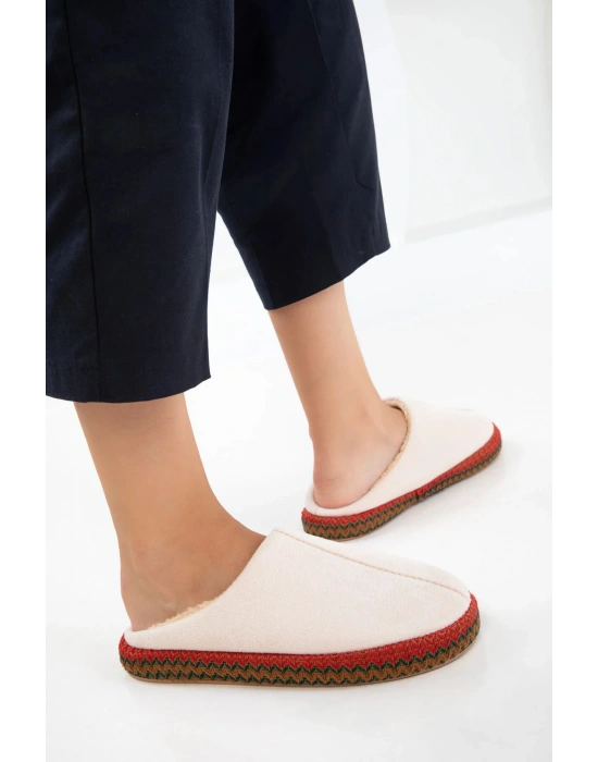 Kadın İçi Kürklü Hasır Şerit Detaylı Rahat Sessiz Ev Terliği