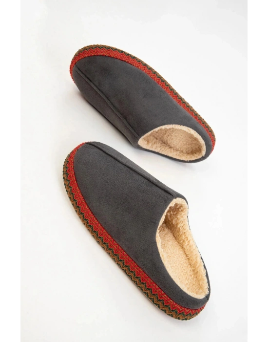 Kadın İçi Kürklü Hasır Şerit Detaylı Rahat Sessiz Ev Terliği