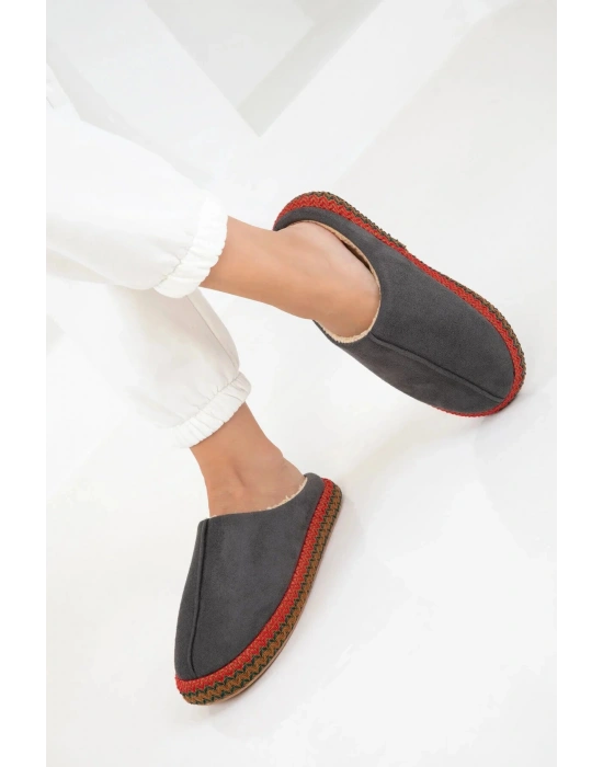 Kadın İçi Kürklü Hasır Şerit Detaylı Rahat Sessiz Ev Terliği