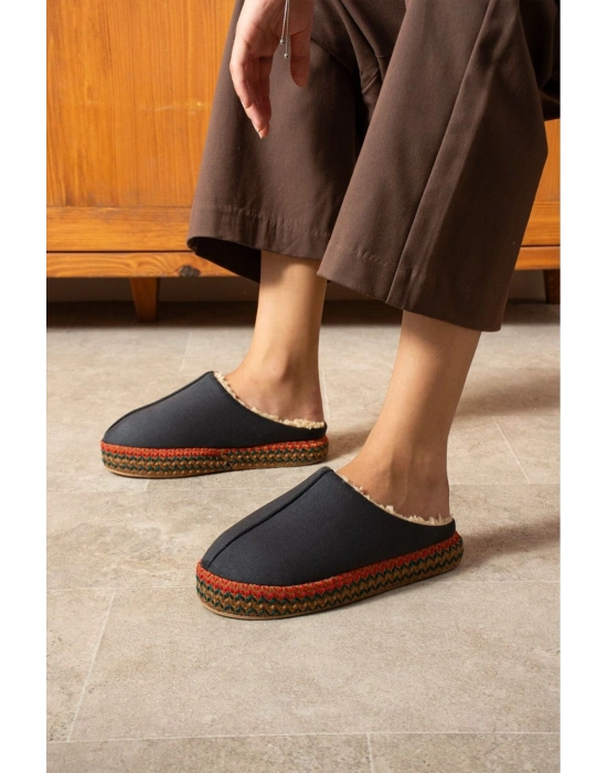 Kadın İçi Kürklü Hasır Şerit Detaylı Rahat Sessiz Ev Terliği