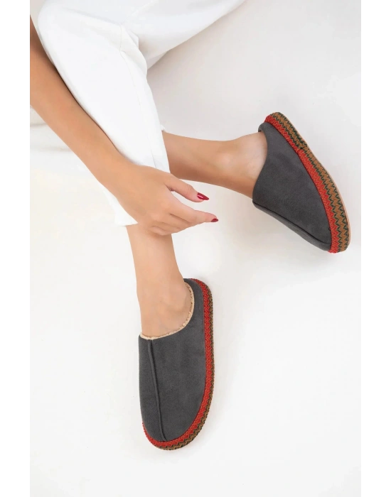 Kadın İçi Kürklü Hasır Şerit Detaylı Rahat Sessiz Ev Terliği