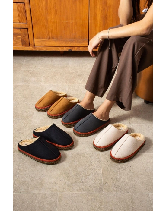 Kadın İçi Kürklü Hasır Şerit Detaylı Rahat Sessiz Ev Terliği