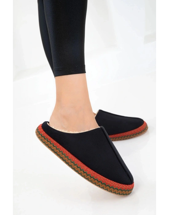 Kadın İçi Kürklü Hasır Şerit Detaylı Rahat Sessiz Ev Terliği