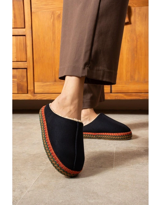 Kadın İçi Kürklü Hasır Şerit Detaylı Rahat Sessiz Ev Terliği