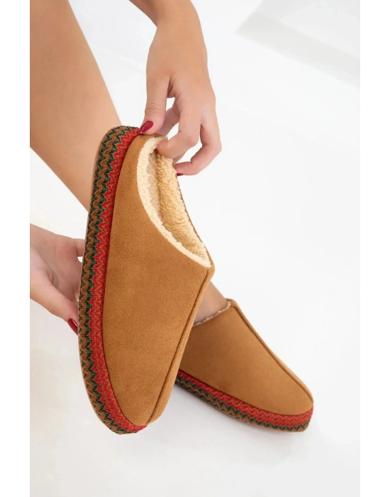 Kadın İçi Kürklü Hasır Şerit Detaylı Rahat Sessiz Ev Terliği