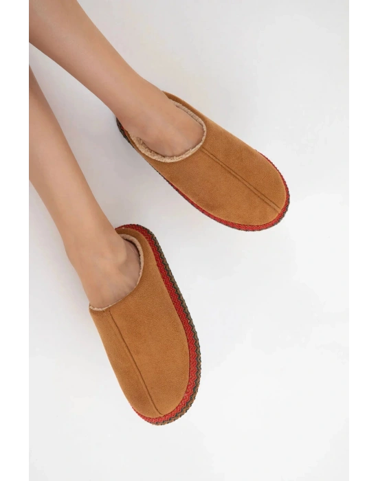 Kadın İçi Kürklü Hasır Şerit Detaylı Rahat Sessiz Ev Terliği