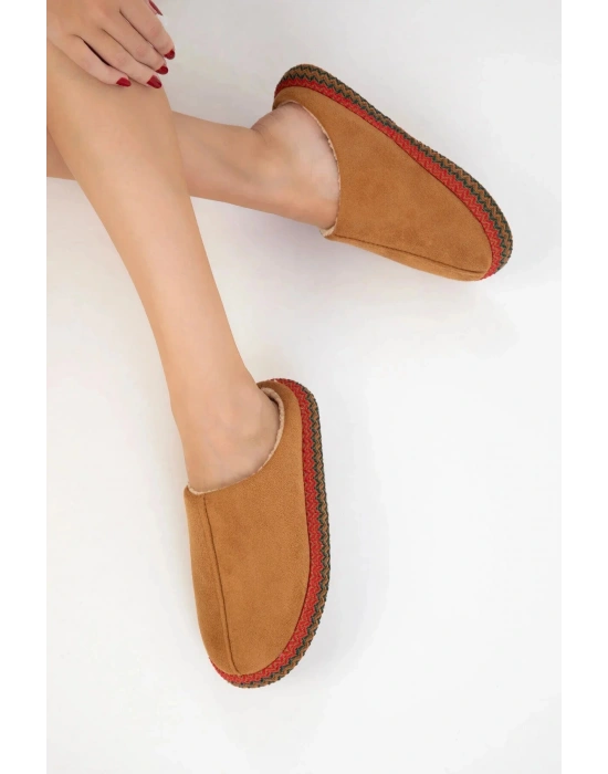 Kadın İçi Kürklü Hasır Şerit Detaylı Rahat Sessiz Ev Terliği