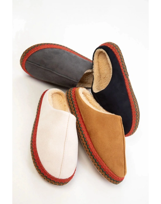 Kadın İçi Kürklü Hasır Şerit Detaylı Rahat Sessiz Ev Terliği