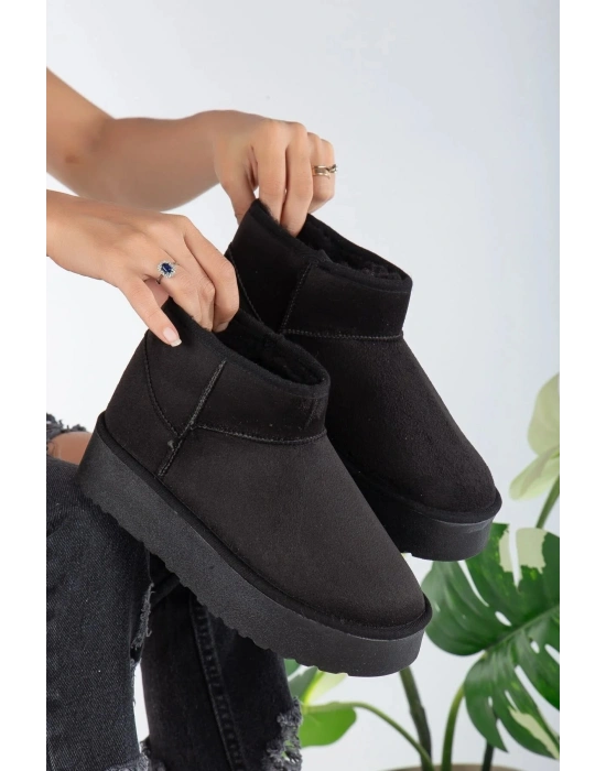 Andra Siyah Kadın Kalın Taban Süet İçi Kürklü Rahat Günlük Bot